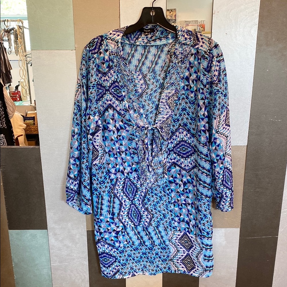 Blue Patterned Boho Chic Beach Coverup Top with Beaded Neckline